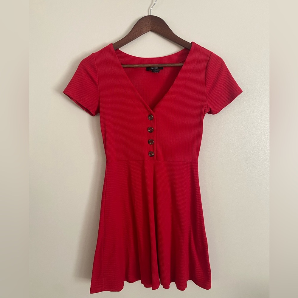 Short-Sleeved Red Button Front Dress